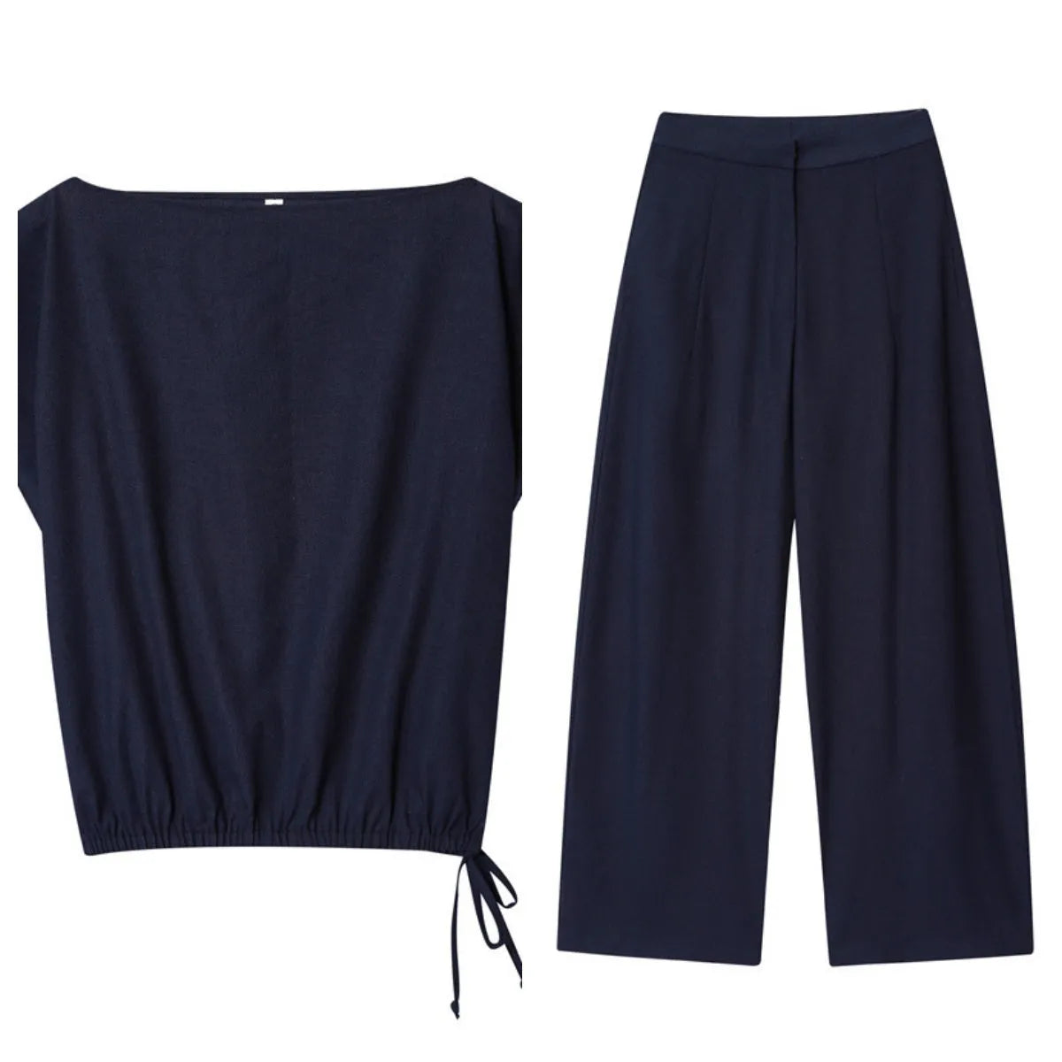 Women's off-neck polyester shirt with flounced sleeves paired with matching wide-leg trousers.