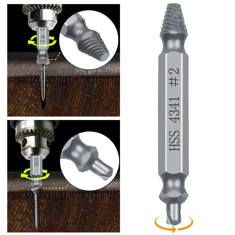 6-piece slip-tooth head screw remover set made from high speed steel 4341 on a workbench