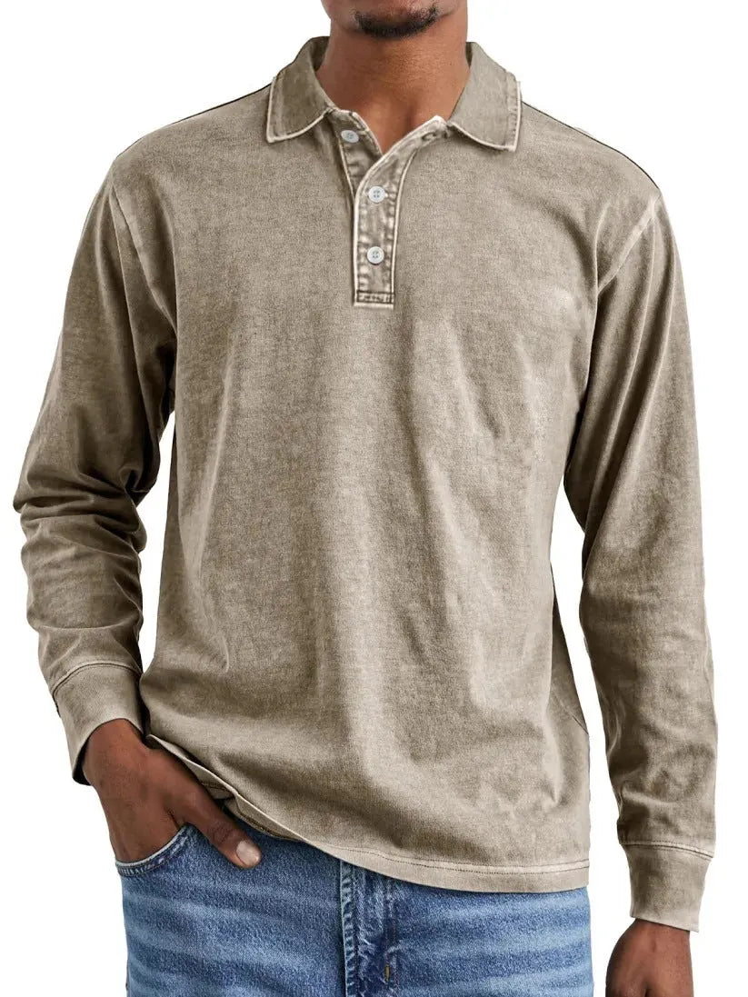 Man's retro washed cotton long sleeve polo shirt with button-up front and lapel collar in various colours.