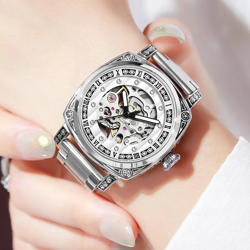 Men's analogue mechanical watch with luminous hands on a leather strap, shown in multiple colour options.