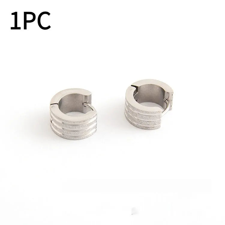 Geometric Korean style earrings with three-line frosted ornament pattern in titanium steel