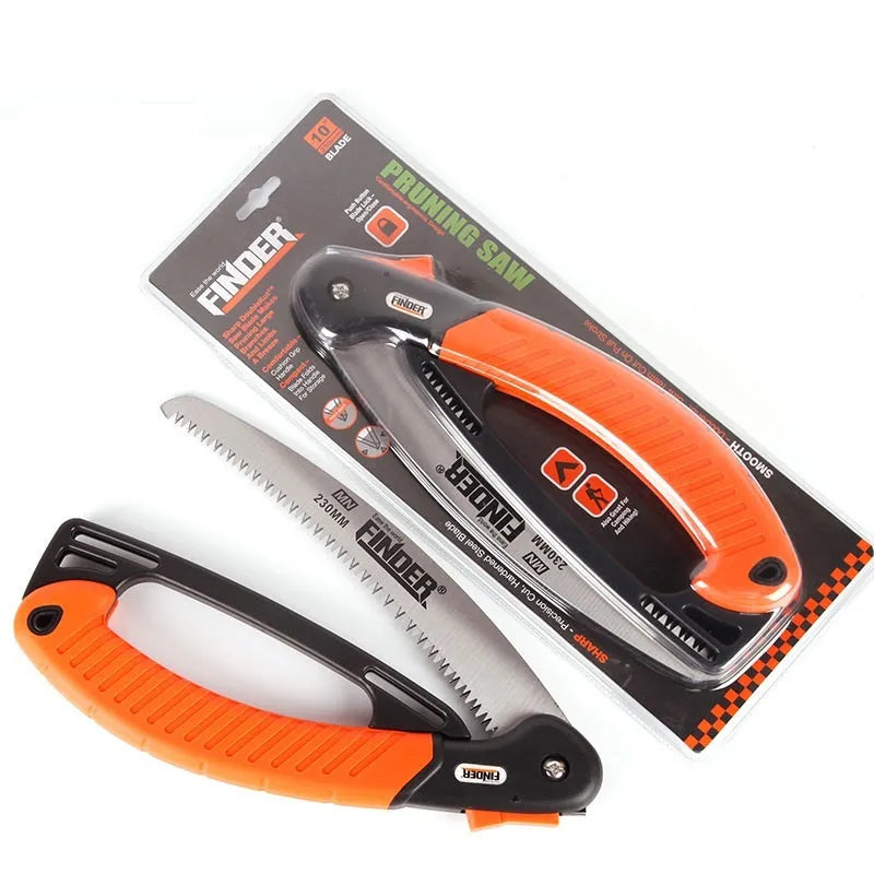 A folding garden hand saw with a black TPR grip and a silver 230mm steel blade, shown both open and closed.