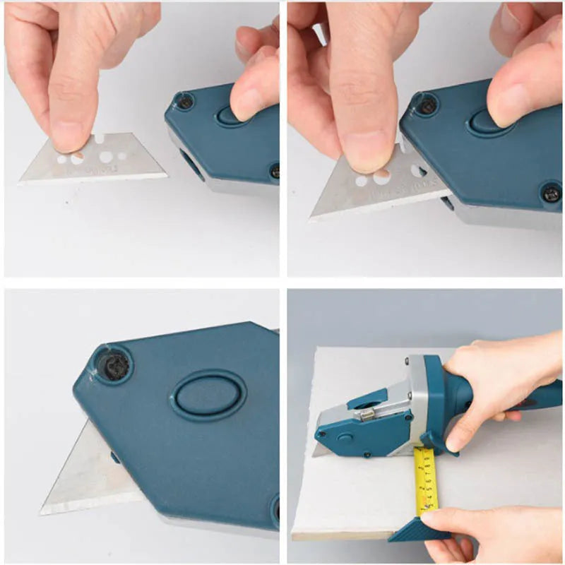 Blue multi-functional woodworking cutter with one-press lock for cutting gypsum board, foam board, and cardboard.