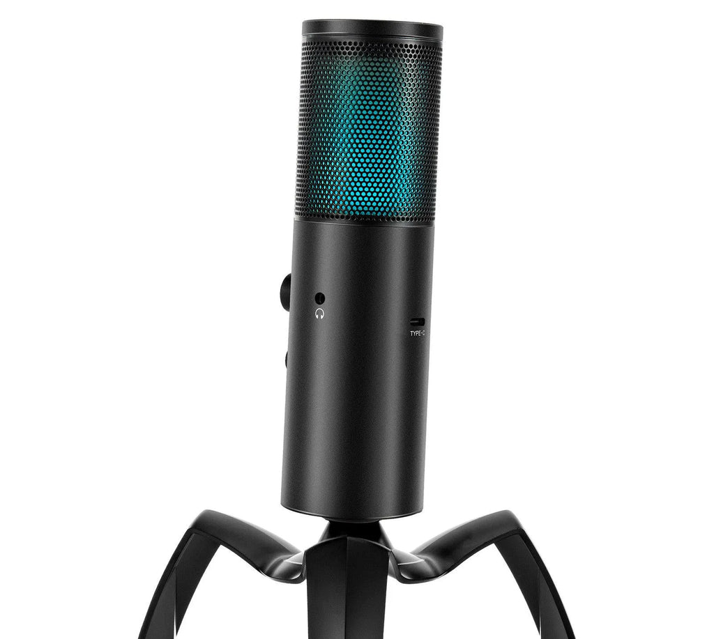 Black Q18 USB condenser microphone with RGB lighting on a metal tripod stand