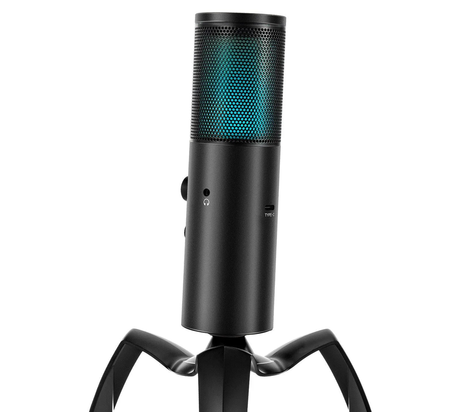 Black Q18 USB condenser microphone with RGB lighting on a metal tripod stand