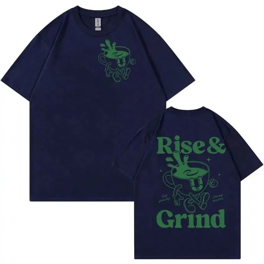 Loose fit linen t-shirt with Rise And Grind text and cartoon coffee graphic