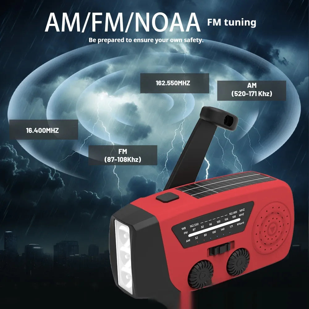 Red rechargeable emergency radio torch with AM/FM receiver, LED flashlight, and wrist strap