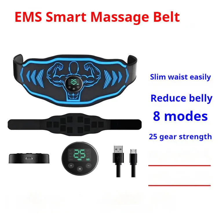 Rechargeable EMS smart massage belt and host unit in blue or orange with arm stickers