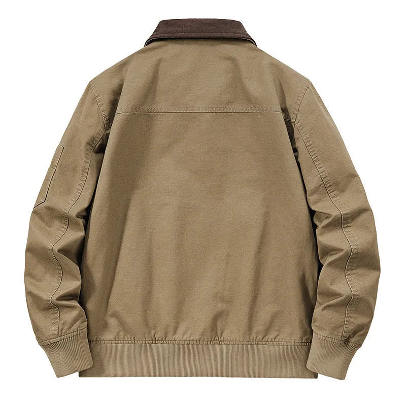 Men's plus size washed cotton baseball flight jacket shown in army green colour.