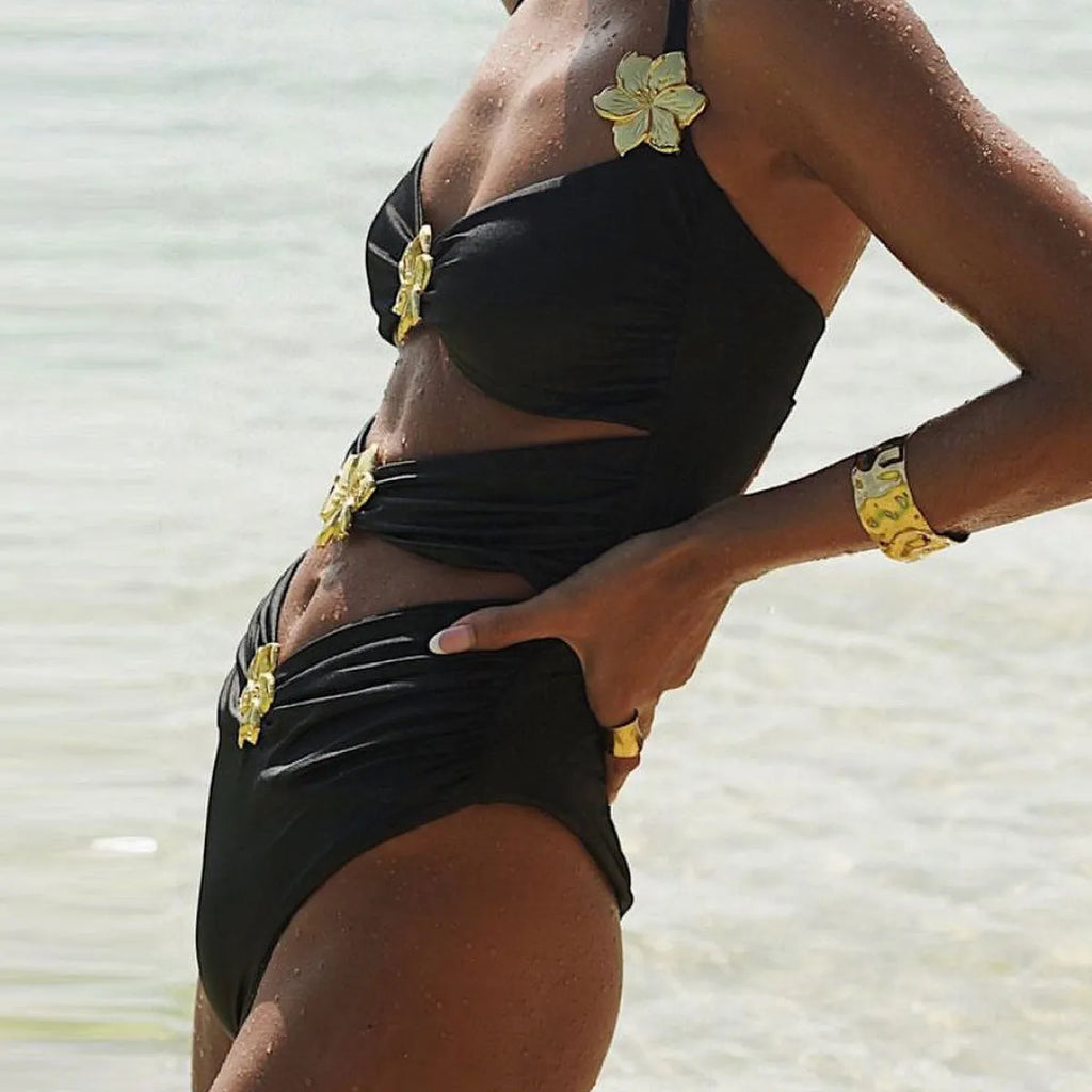 Women's solid colour one-piece swimsuit with matching short skirt in high-waisted tankini style
