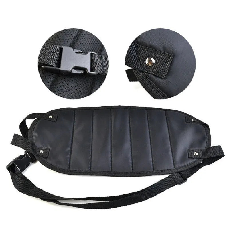 Black Oxford cloth portable foot hammock with adjustable straps for travel airplane use