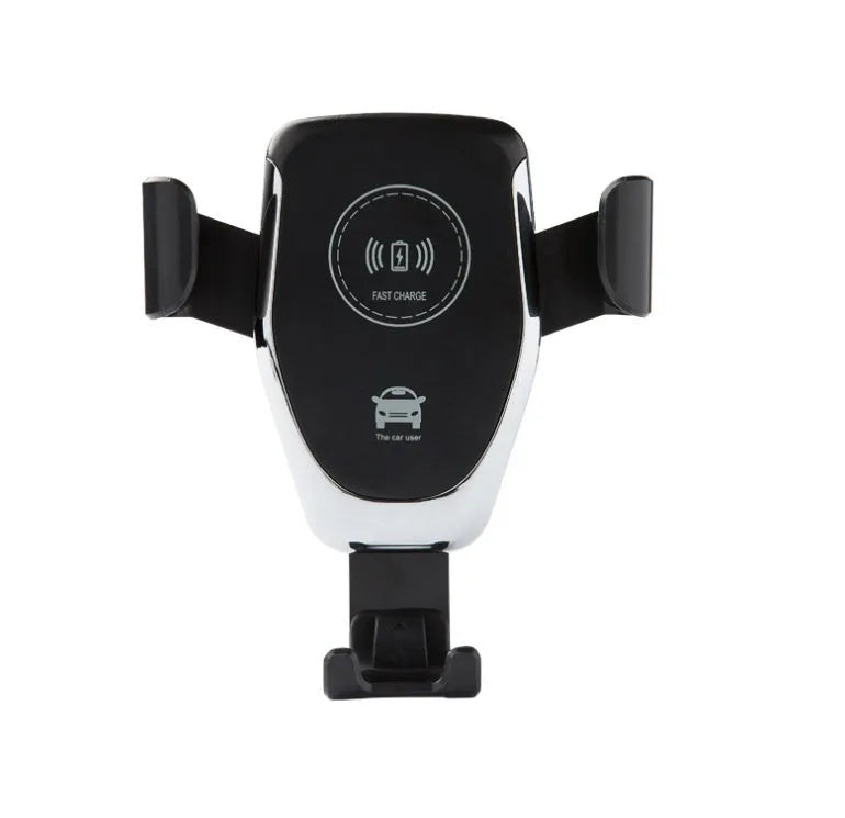 Black car wireless charger mounted on dashboard charging iPhone automatically