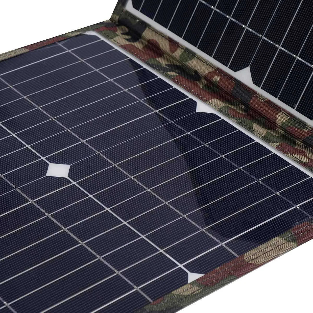 Black foldable 36W solar panel unfolded showing three monocrystalline silicon cells