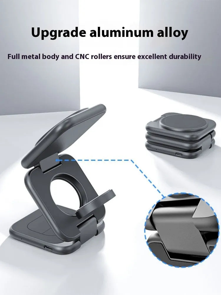 Three-in-one folding magnetic wireless charger for mobile watch headset in black aluminium alloy finish