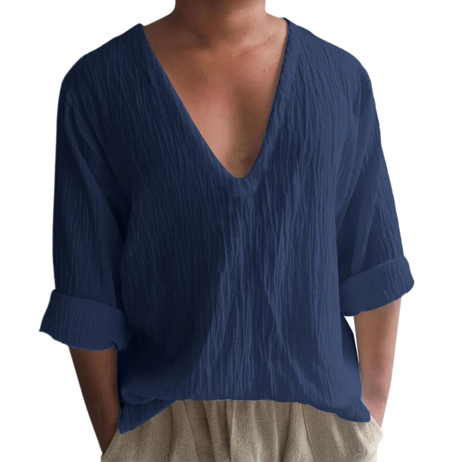 Men's solid colour long sleeve V-neck T-shirt in washed cotton fabric.