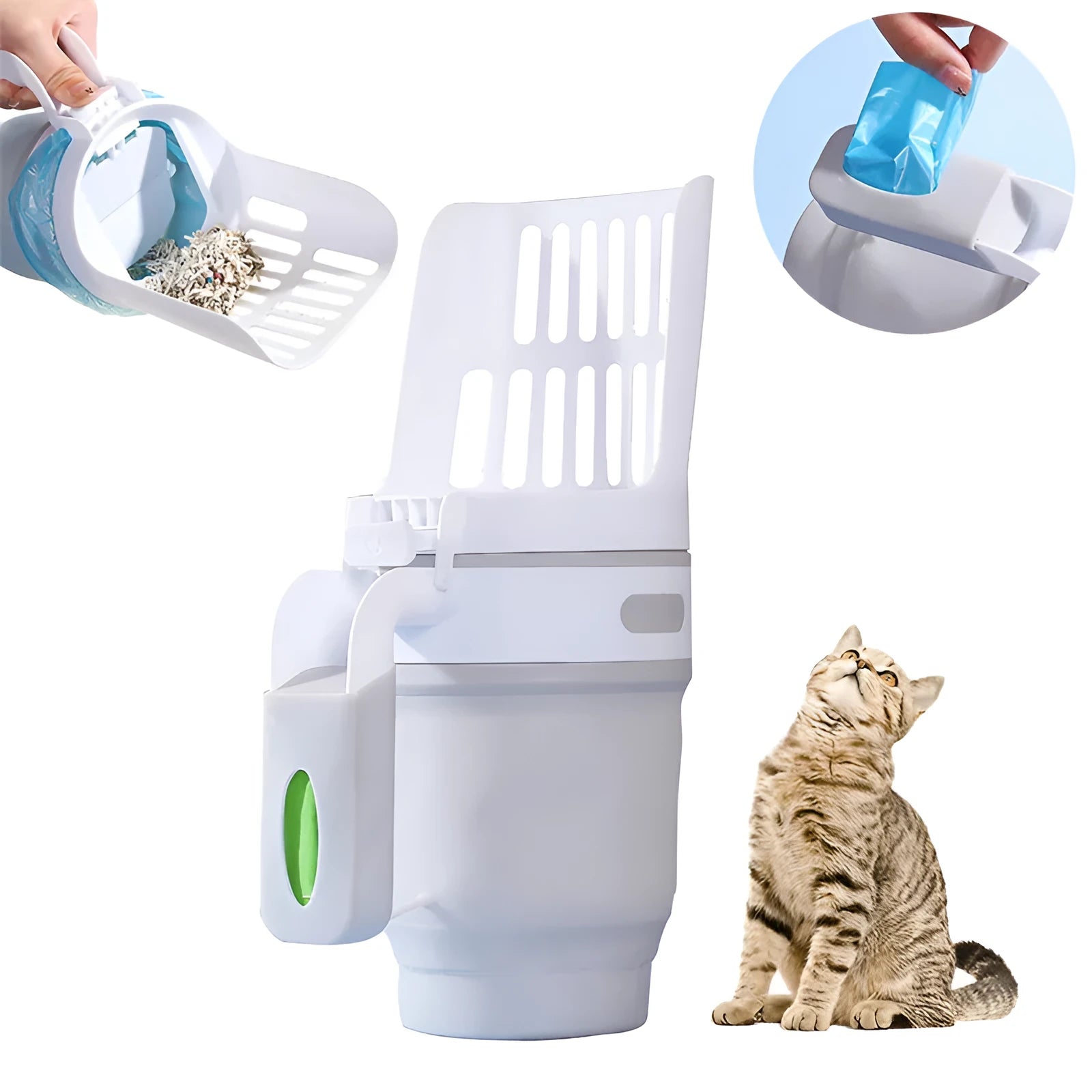 Grey foldable cat litter scoop with attached waste bin and lid
