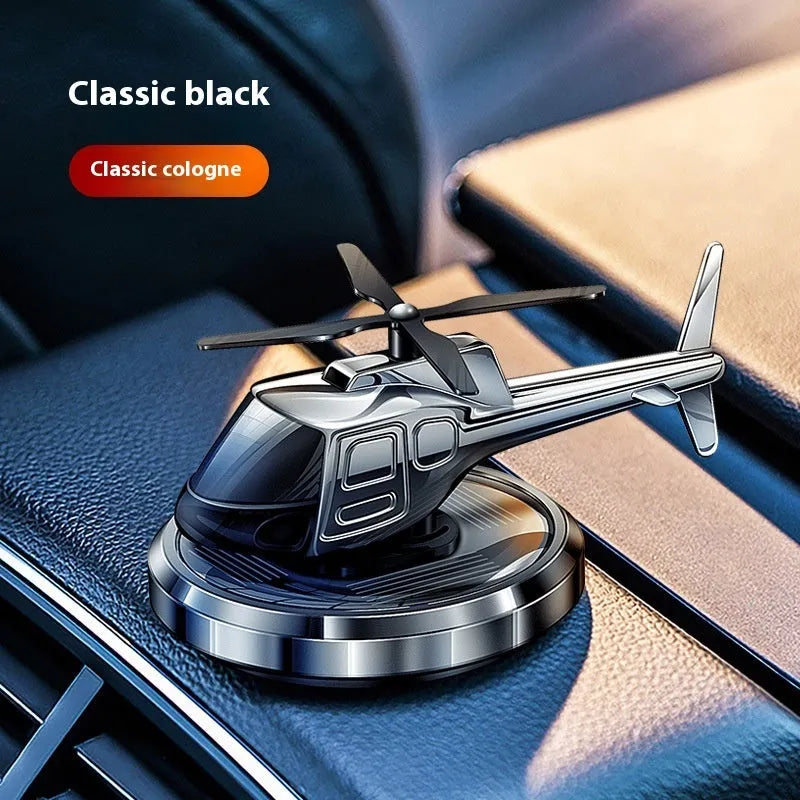 Solar-powered metal helicopter car air freshener ornament with rotating blades in three colour options