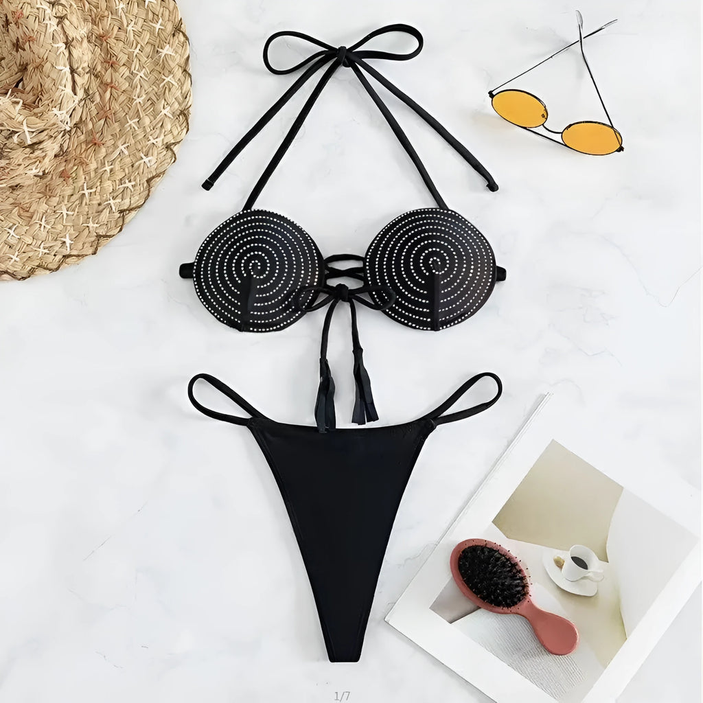 Black bandage bikini set with backless top and high-waist brief with hot drilling detail