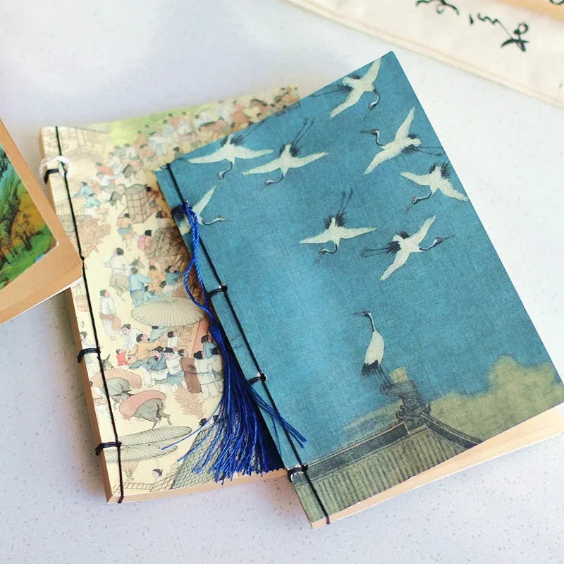 A5 antique wire-bound notebook with retro painting cover, wax rope binding, and tassels