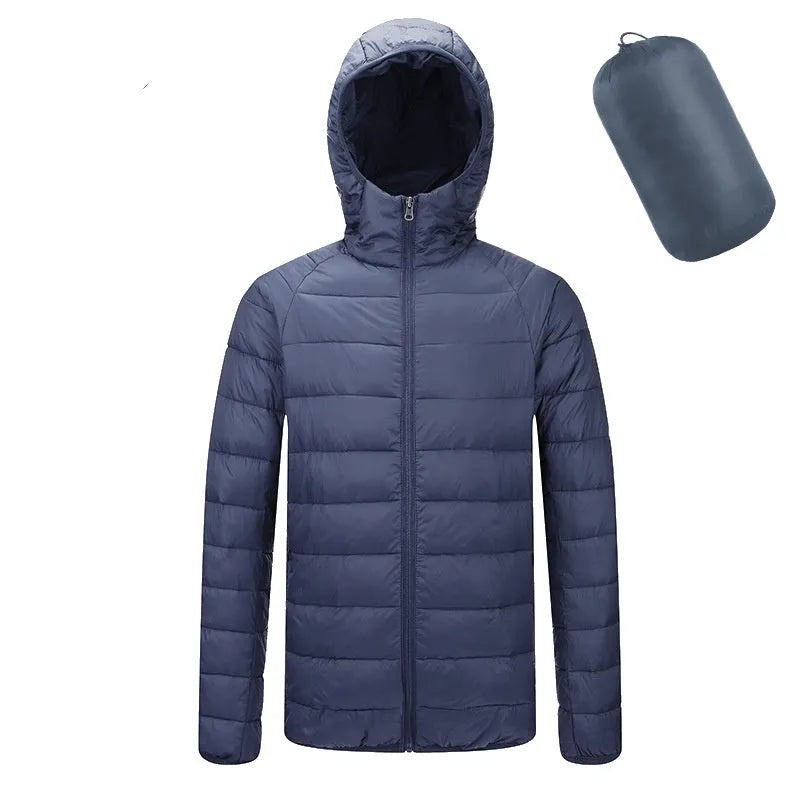 Men's lightweight hooded coat in solid colour, nylon fabric, zipper front, long sleeves, available in multiple colours and sizes
