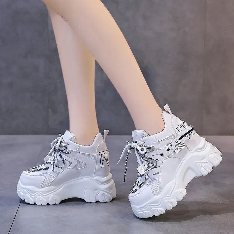 Women's white mesh platform sports shoes with cross strap and 6-8cm heel
