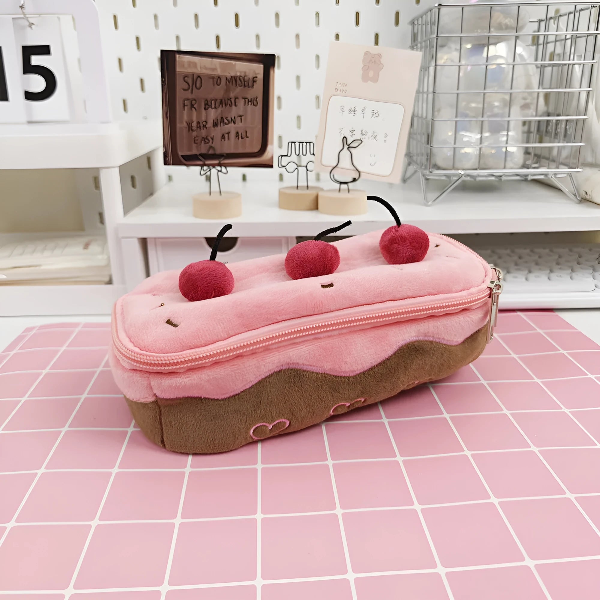 Cherry Cake coloured velvet plush pencil bag with zip, Korean style design.