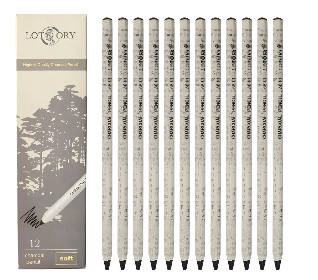 Box of 72 children's charcoal sketch pencils in rolling soft carbon grades HB to 8B
