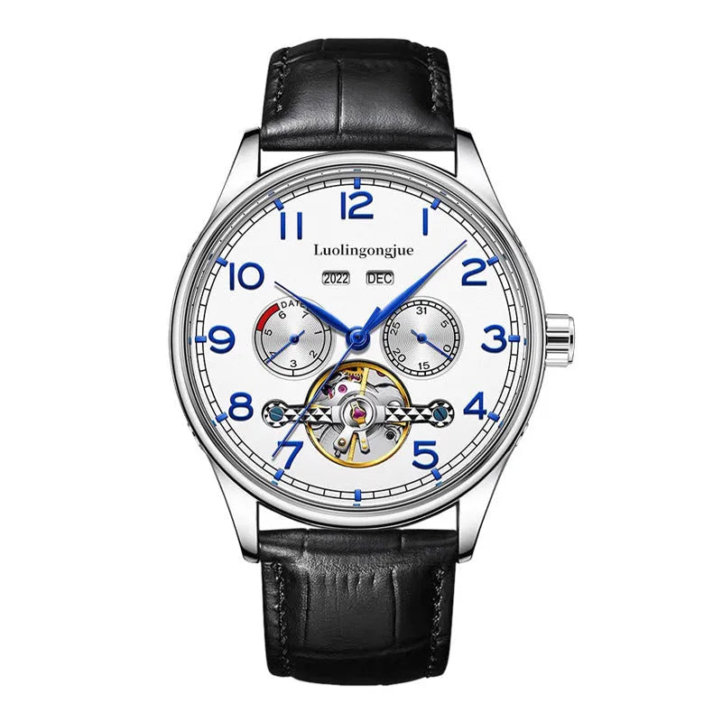 Men's stainless steel mechanical business watch with sapphire crystal glass and genuine leather strap
