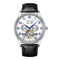 Men's stainless steel mechanical business watch with sapphire crystal glass and genuine leather strap