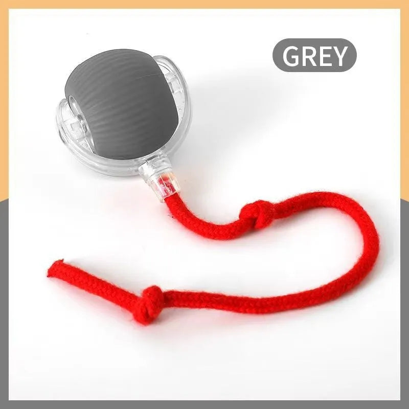 Silicone cat rolling ball toy in green, grey, red, and pink plush designs with optional rope attachment