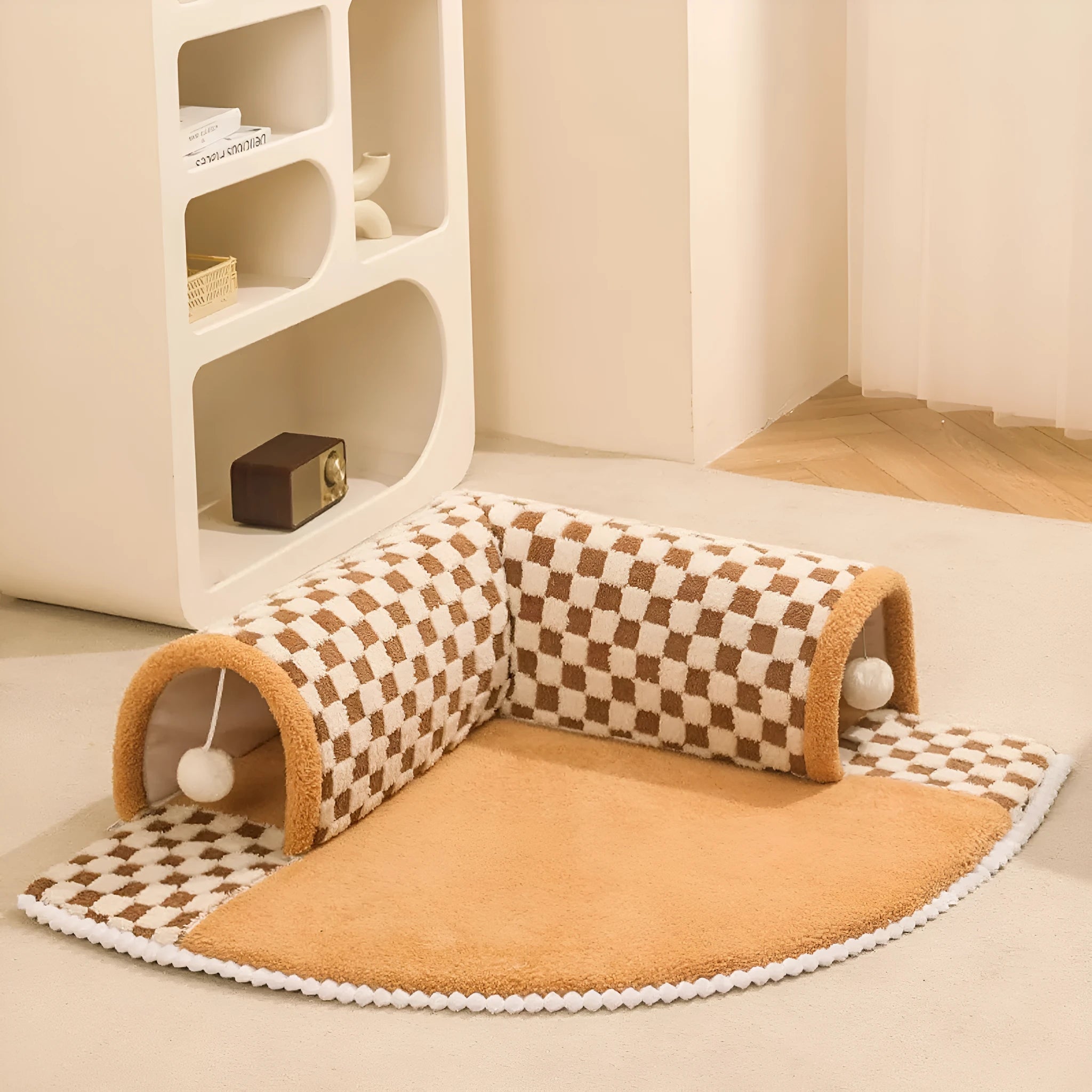 XL fan-shaped plush pet bed with tunnel design in coffee colour for dogs and cats