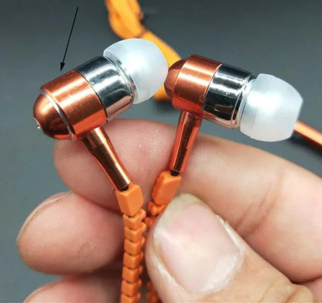 Blue wired earphones with glowing zipper cord, alloy metallic housing, and gold-plated 3.5mm plug