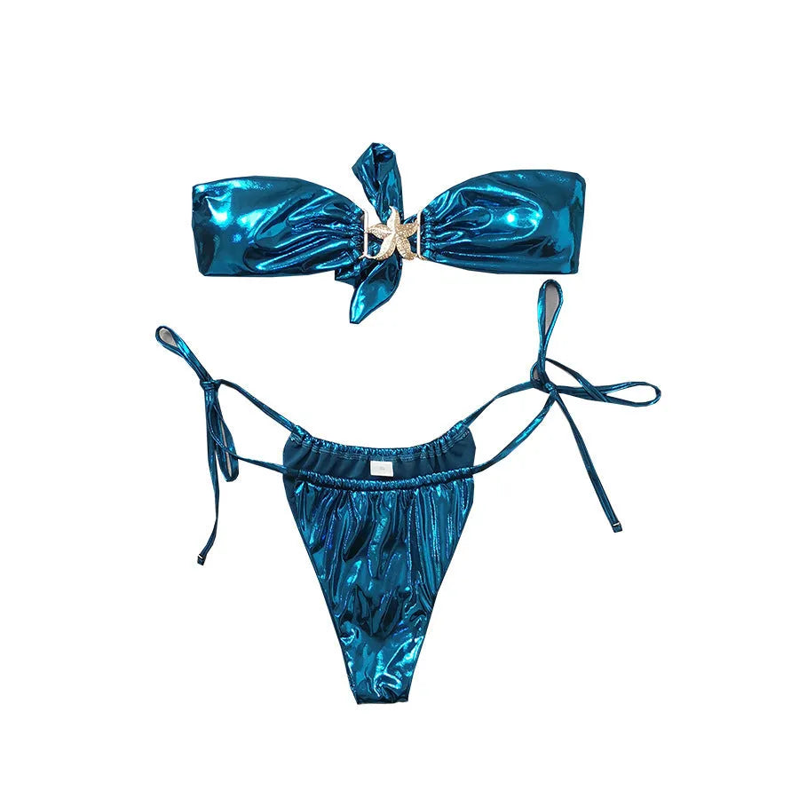 Glossy fabric tube top split bikini with gold starfish decoration in blue or pink colours