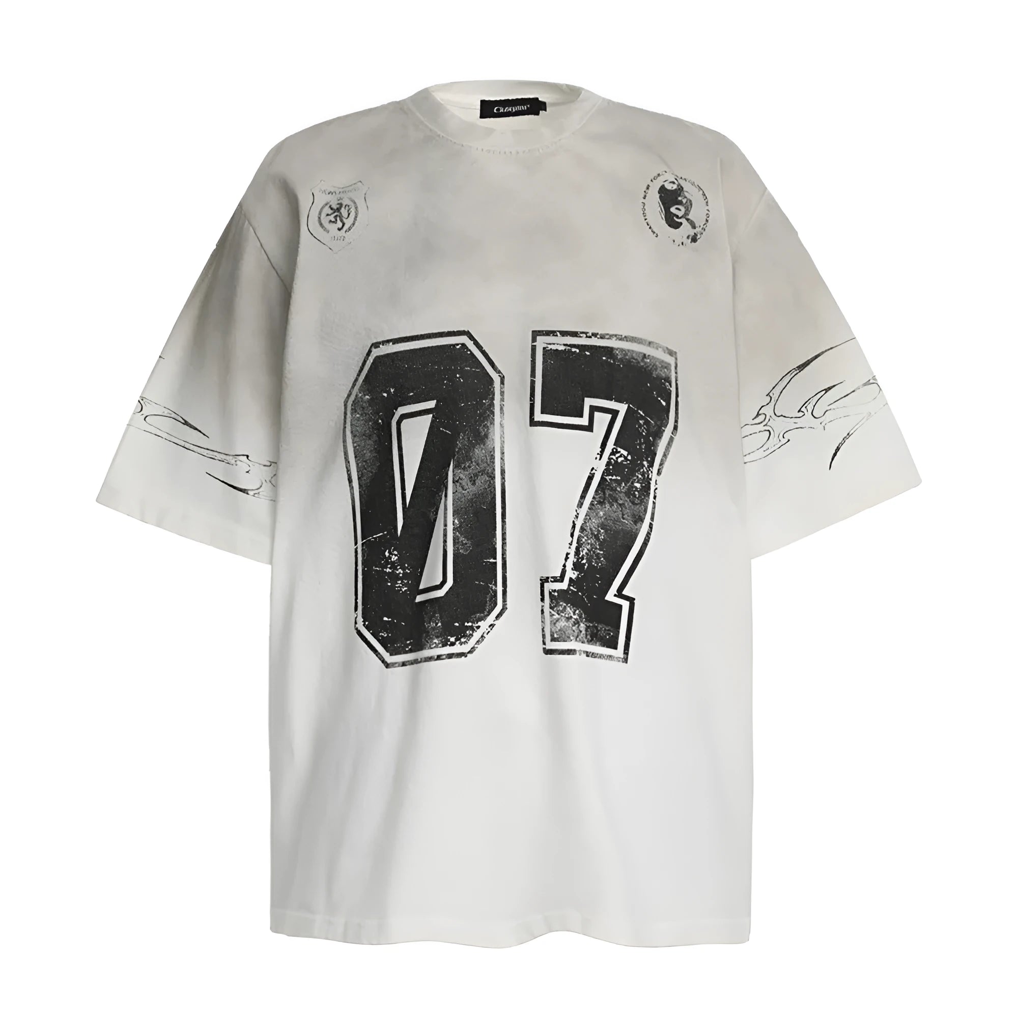 Men's black and white printed short-sleeved cotton t-shirt laid flat, showing sizes S, M, L, XL.