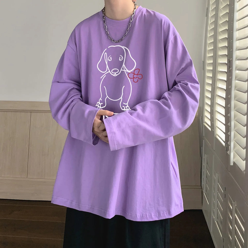Cartoon puppy printed long sleeve cotton T-shirt in loose fit, available in multiple colours and sizes M to 5XL
