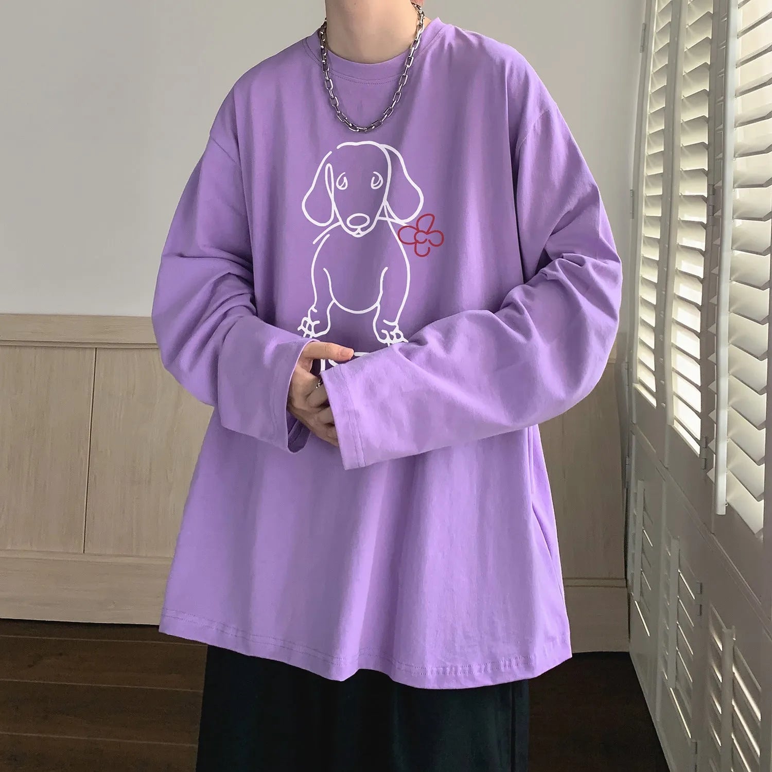 Cartoon puppy printed long sleeve cotton T-shirt in loose fit, available in multiple colours and sizes M to 5XL