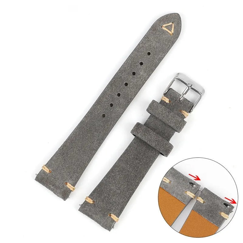 Genuine suede leather watch strap in brown, blue, grey, or Army Green