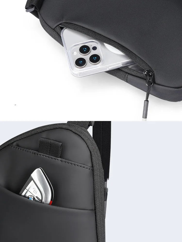 Men's elegant black lightweight crossbody bag made from oxford cloth.