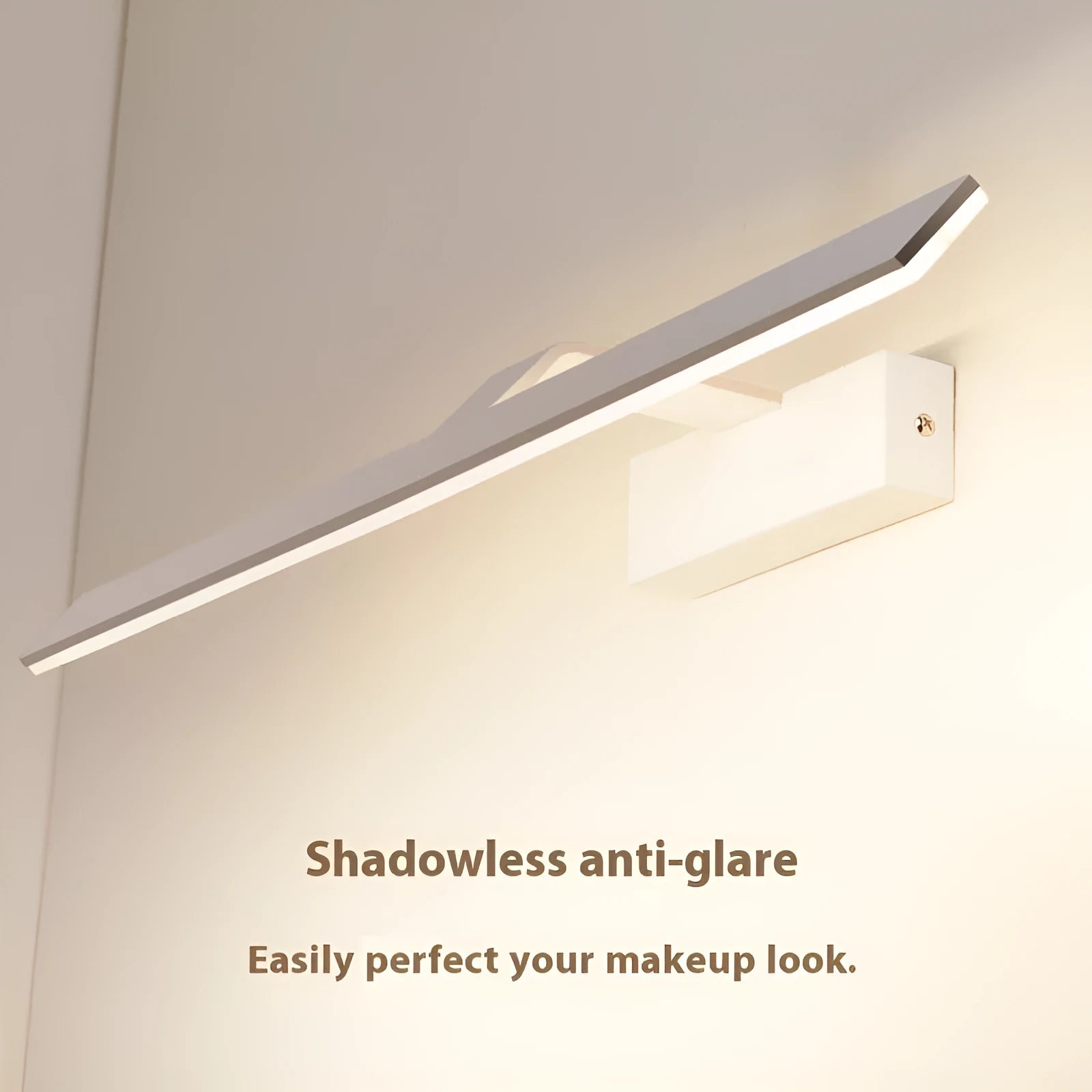 White LED mirror headlight fixture showing three light colour options and size variants for bathroom vanities.