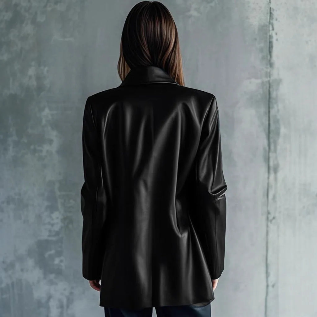 Women's black medium-length leather jacket with long sleeves on hanger