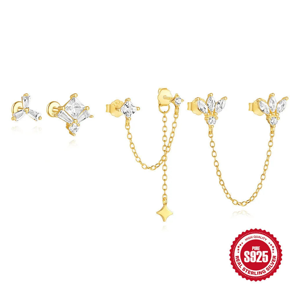 S925 sterling silver zircon geometric stud earrings with gold-plated finishes in clover, crown and chain designs