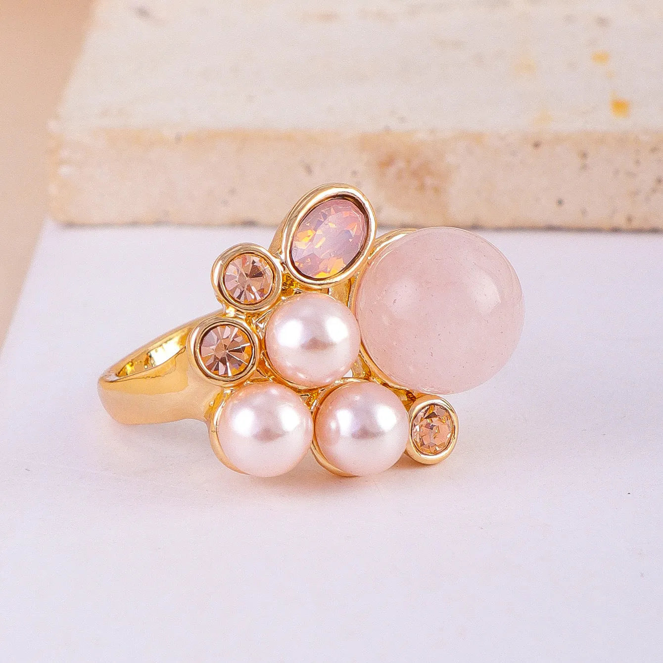 Zinc alloy flower ring for women size No 7 pink crystal colour