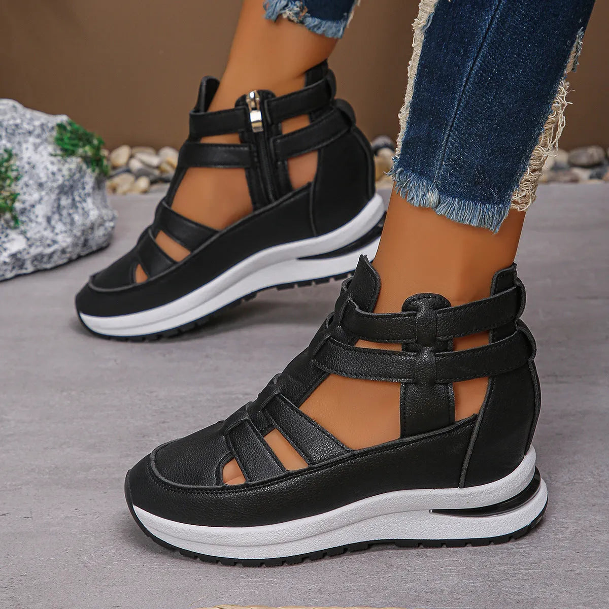 Women's black close-toed platform sandals with hollow-out design and Velcro strap