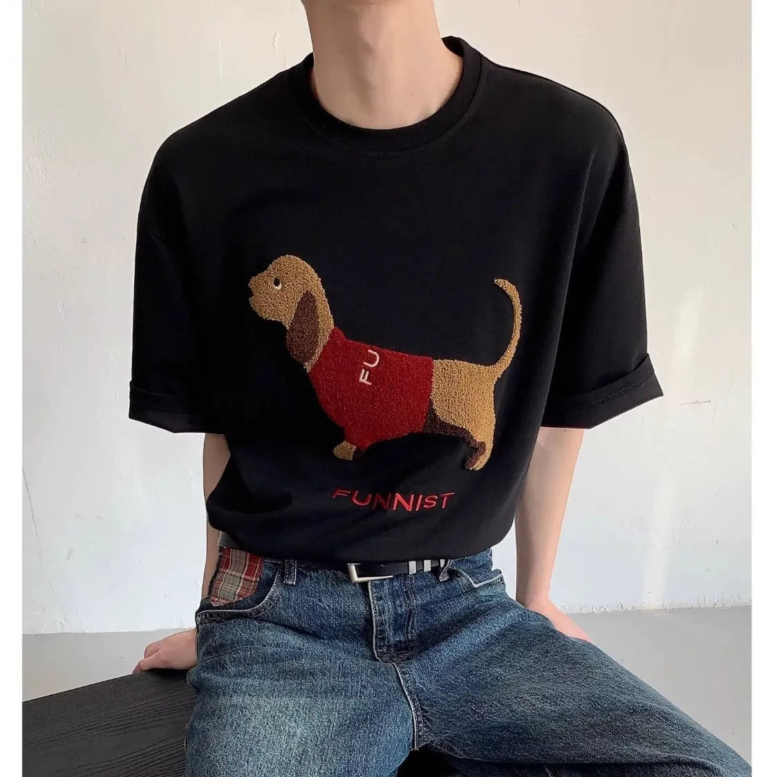 Men's grey cotton t-shirt with embroidered sausage dog design on the chest