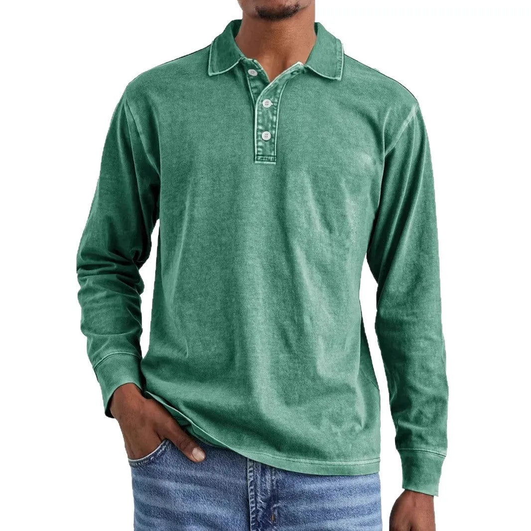 Man's retro washed cotton long sleeve polo shirt with button-up front and lapel collar in various colours.