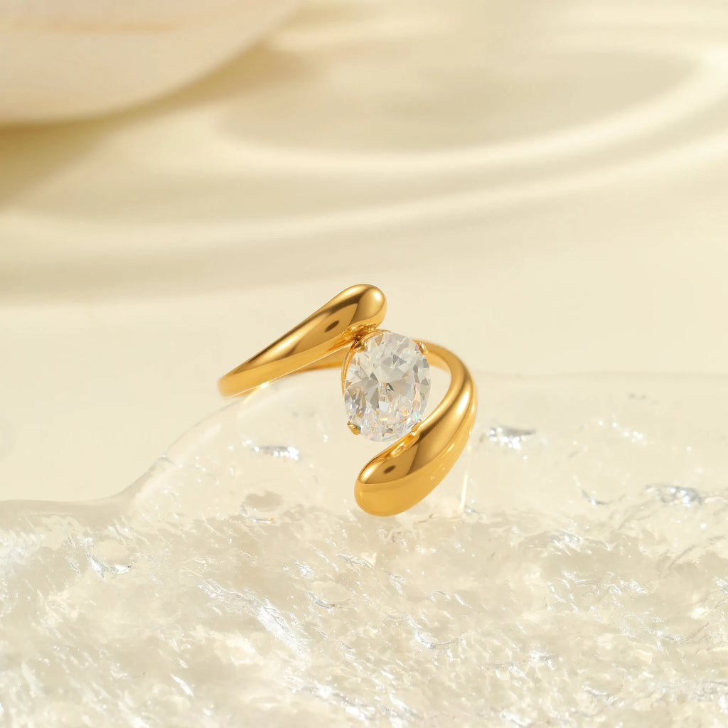 Adjustable geometric stainless steel ring showing open mouth design and colour variations