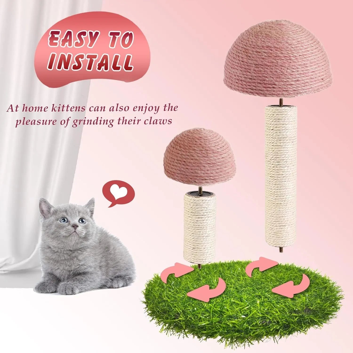 Pink mushroom-shaped cat scratching post with sisal caps and pole for small cats.