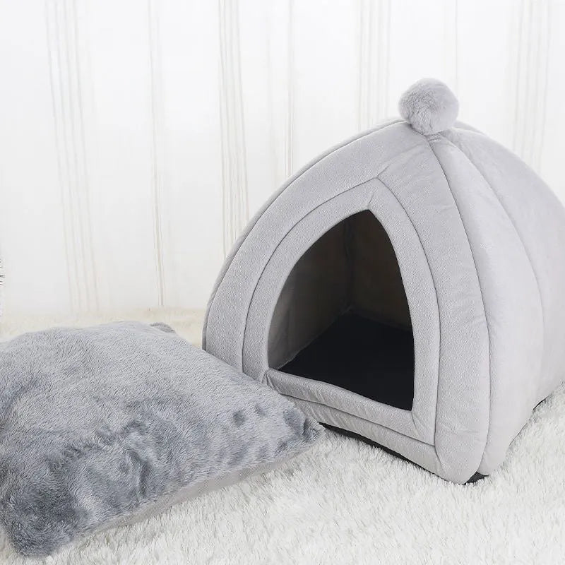 Soft plush cat bed in grey, tent style with cushion, size M 33x33x36 cm, washable cover