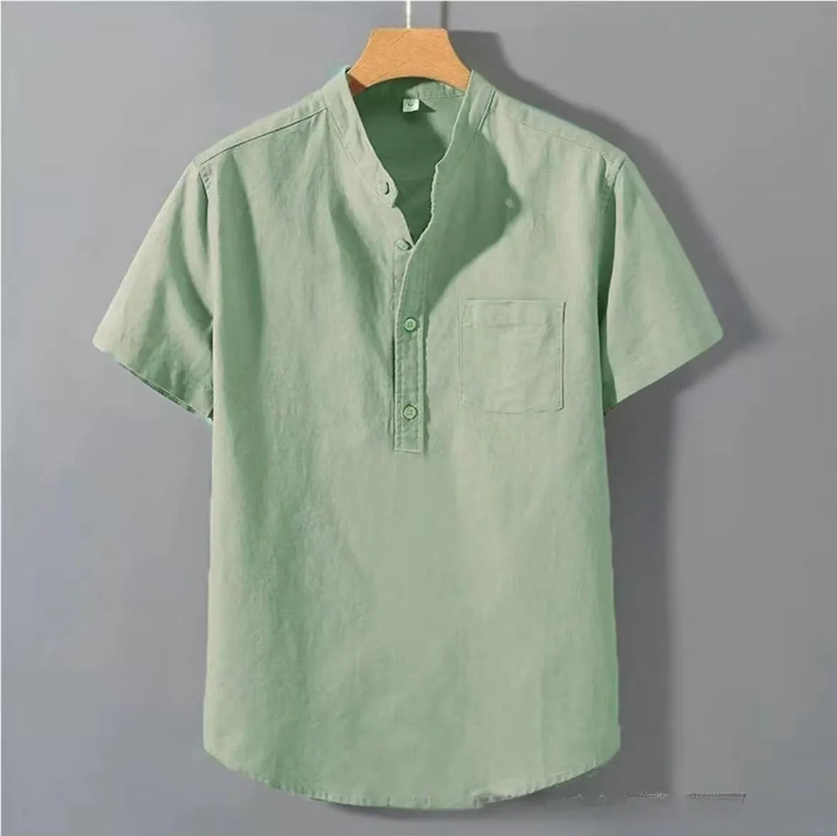 Men's beige linen casual shirt with stand collar and short sleeves in loose fit