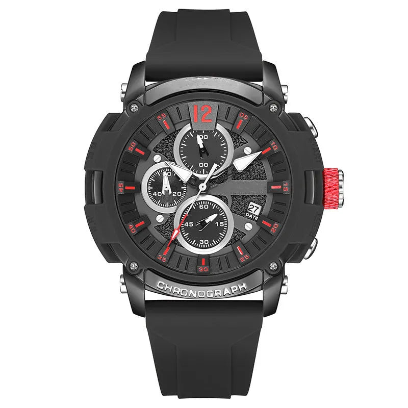 Men's waterproof quartz watch with luminous display and calendar functions on wrist